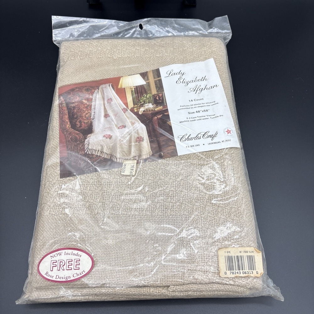 Charles Craft Lady Elizabeth Afghan 14 ct Cross Stitch Blanket Blank 48"x58" NEW